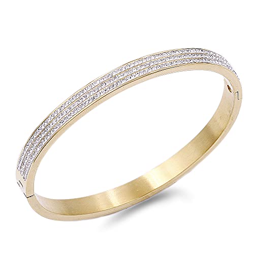 Lavencious Gold Plated Stainless Steel with CZ Stones Hinged Bangle 6mm Width Bracelets fow Women 7"(6mm Gold)