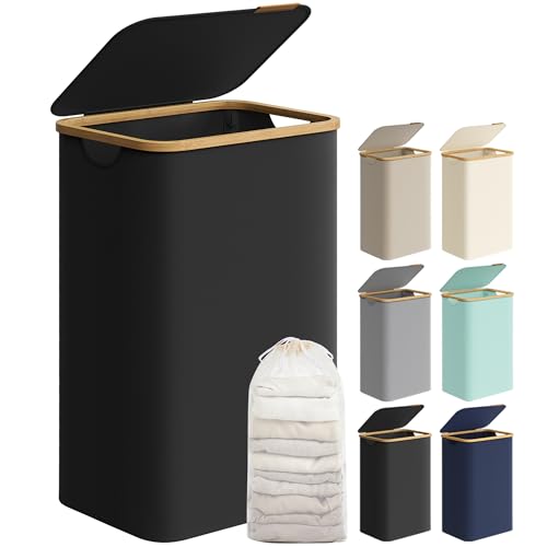 SONGMICS Panier à Linge Mince avec Couvercle, 90L, Gain de Place, Doublure en Maille Amovible, Tissu Oxford, Poignées en Bambou, Pliable, 42 x 32 x 70,5 cm, Noir...
