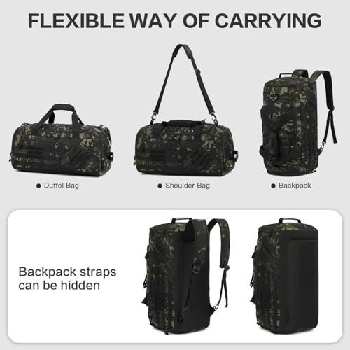 3-in-1 Tactical Gym & Travel Duffle Bag Backpack Men Multi-Functional 45L Military Sports Duffle Bag with Shoe Compartment & Wet Pocket for Workout Weekender Overnight Bag with Molle Webbing, Camo3