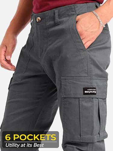 Image of Beyoung Cotton Lycra 6 Pocket Regular Fit Cargo Pants for Men | Cargo Trousers for Men
