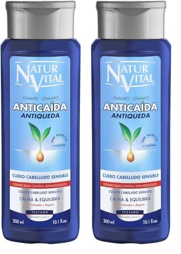 NaturVital - Champú Anticaída Cuero Cabelludo Sensible, con Extracto de Ginseng, Regaliz, Cafeína Vegetal y Saw Palmetto, Natural y Vegano, sin Parabenos, Siliconas, Colorantes ni PEGs, 300ml