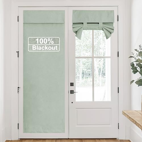 RYB HOME Linen Door Curtain 100% Blackout French Door Blinds for Glass Window, Fully Light Blocking Privacy Window Drapes Lightweight Tie up Shade, W 26 x L 69, Light Green, 1 Panel
