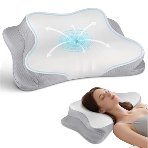 Cervical neck pillow with cooling ergonomic design, featuring airflow arrows and a woman sleeping comfortably, promoting neck pain relief and quality sleep.