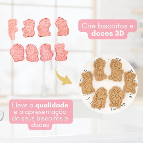 Ejetor Cortador de Biscoito 3D Carimbo Para Doces Patrulha Molde 3D com 8 Peças Tema Cachorrinhos