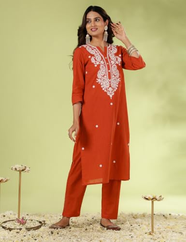 Image of Kaari Chikankari Embroidered Kurta Set for Women- 100% Cotton | Yoke Detailing | Three Piece Kurta Set with Dupatta | Sleeve