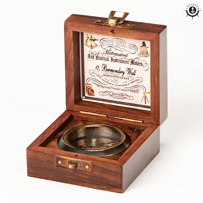 Antiqula Vintage Compass in Handcrafted Rosewood Box, Decorative Nautical Compass for Gifts, Brass and Wooden Design