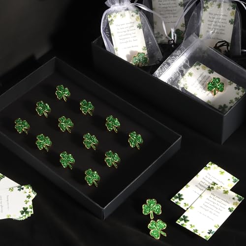 Image of SINCCO 25 /50 /100 Sets St. Patricks Day Clover Lapel Pins Bulk Shamrock Pin Brooches with Irish Blessing Cards Gift Bags for St. Patrick's Day Party Favors Jewelry Accessories