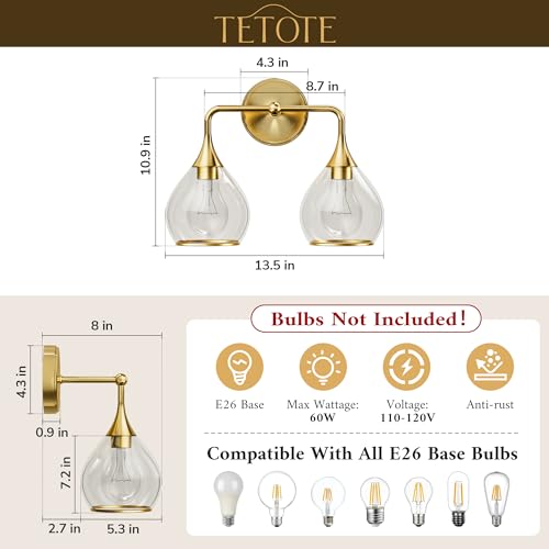 Image of TETOTE 2-Light Modern Bathroom Light Fixtures, 2 Light Vanity Lights Over Mirror Gold Wall Lamp with Clear Glass for Bathroom, Mirror, Living Room, Bedroom, Hallway