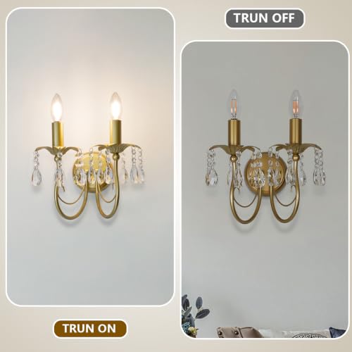 Image of 2-Light Vintage Crystal Wall Sconce, Antique Wall Lights with Gold Finish for Bedroom Bedside Living Room, Victorian Candle-Style