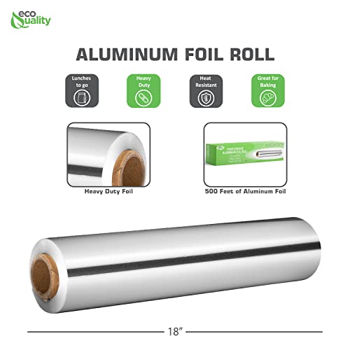 [1 Pack] Heavy Duty Food Service Aluminum Foil Roll (18 Inch X 500 Ft) With Sturdy Corrugated Cutter Box - Great For Grill Use, Kitchen Wrap, Foil Wrap, Cooking, Cleaning By Ecoquality #TOP2