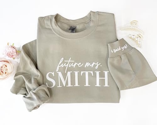 Up2ournecksinfabric Embossed Mrs Sweatshirt - Custom Mrs Sweatshirt - New Mrs - Future Mrs - Wedding Gift - Future Mrs. Gift - I Said Yes Sweater - Engagement Gift - Newly Engaged Sand3