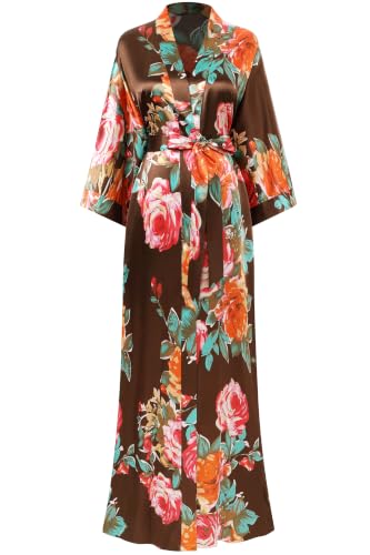 Image of BABEYOND Women's Kimono Robe Long Satin Silky Floral Lightweight Bridesmaid Wedding Bachelorette Party Robe