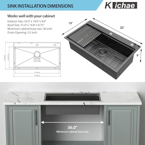 Image of 33 Black Drop In Kitchen Sink Workstation - Kichae 33x19 Drop In Kitchen Sink Black Stainless Steel Topmount 16 Gauge Deep Single Bowl Basin Round Corner
