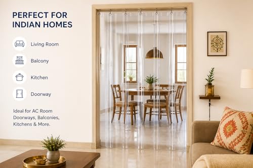 Image of Transparent PVC Door Curtain for AC Room 7 Feet | 0.20MM Thick Clear Plastic Strip Curtain | Cooling Retention, Dustproof, Waterproof | Room Partition Curtain with 8 Grommets