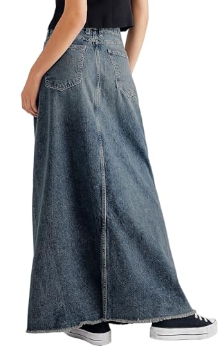 CHARTOU Women Vintage Denim Maxi Skirt Frayed Raw Hem High Waist A-Line Long Jean Skirt2
