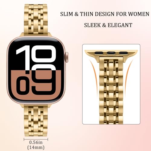 Image of Anlinser Metal Bands Compatible with Apple Watch Band for Women 49 /46 /45 /44 /42 /41 /40 /38mm, Thin Band Designed for iWatch Ultra 3-1 Series 11 10 9 8 7 6 5 4-1 SE (49 /46 /45 /44 /42mm, Gold)