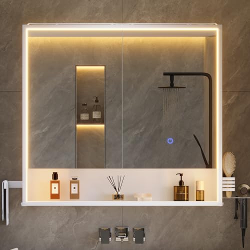 mojiasion 2-türiger LED-Spiegelschrank 80x78x18 cm, Steckdose, Touch-Sensor & 3 dimmbare Lichttemperaturen – inkl. Föhnhalter, Handtuchhalter & verstellbarem Einlegeboden – Weiß