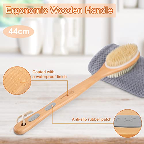 Freatech Long Handle Body Brush Back Scrubber Exfoliator - 17.3" Wooden Bath Shower Brush, Dual-Sided Brush Head With Soft Nylon Bristles And Stiff Natural Bristles For Wet Or Dry Brushing #TOP2