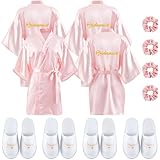BBTO 4 Sets Bridesmaid Dressing Gowns Pink Bridesmaid Robe Gift Set Slippers and Hairband Satin Dressing Gown V Neck Bridal Morning Robes for Bridal Wedding Party