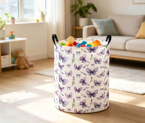 Image of Baby Laundry Basket Kids Hamper Toy Storage Bin for Boys Room Decor Baby Nursery Hamper Gift Baskets for Bedroom Bathroom(Lavender Butterfly)