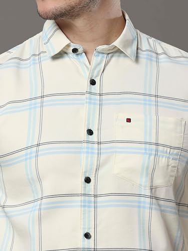 Image of COOL COLORS Men's Cream Slim Fit Cotton Casual Checks Shirt