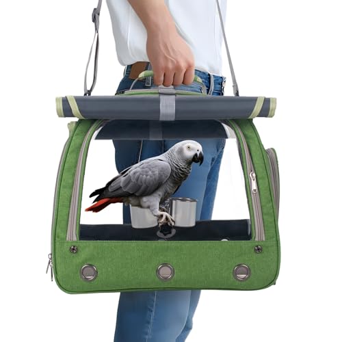 Bird-Carrier-Parrot-Travel-Cage-with-Perch-Food-Bowl-Tray-and-Breathable-Clear-Window-Bird-Travel-Bag-for-African-Gray-Cockatiel-Caique-Conure-Quaker-for-Vetting-Camping-Hiking-Green Bird Carrier Parrot Travel Cage with Perch, Food Bowl, Tray and Breathable Clear Window, Bird Travel Bag for African Gray Cockatiel Caique Conure Quaker, for Vetting Camping Hiking (Green) - Image 1