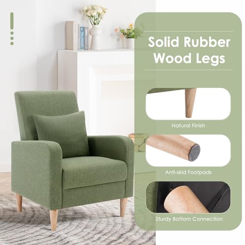 Image of COLAMY Modern Upholstered Accent Chair Armchair with Pillow, Fabric Reading Living Room Side Chair,Single Sofa with Lounge Seat and Wood Legs, Green