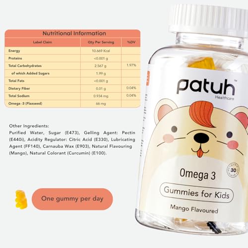 Image of Junior Omega 3 Kids Gummies (4+ Years), Supports Brain Development, Memory, Focus & Immunity, DHA Omega 3 Supplement for Kids, 100% Veg (Mango Flavour, 60 Gummies)