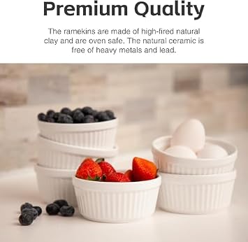 Nuwave Ceramic Ramekins 8 oz, Set of 6, Elegant Classic Style for Baking Souffles, Creme Brulees, Custards, Puddings, 4.3 Wide & 2 Tall, Microwave, Oven & Dishwasher-Safe, Ivory White (6)