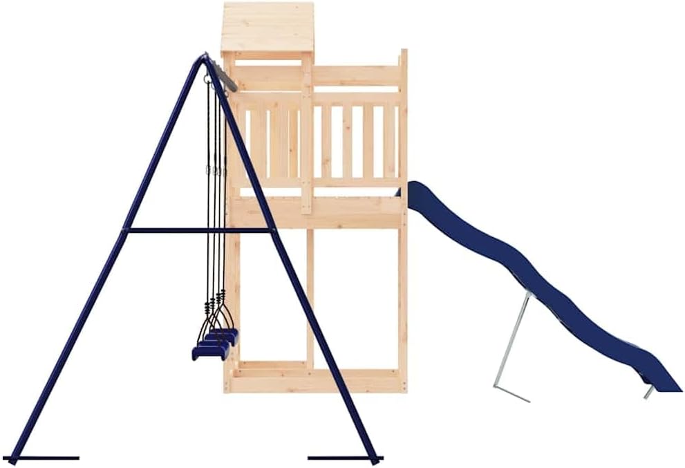 Outdoor Wood Playset for Backyard, Solid Pine Kids Swing Set with Wavy Slide and Play Tower, Large Garden Playground for Ages 3-8, Brown