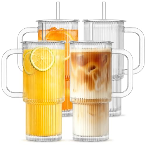 INSETLAN 20 oz Ribbed Glass Tumbler with Handle, Set of 4 Iced Coffee Cups
