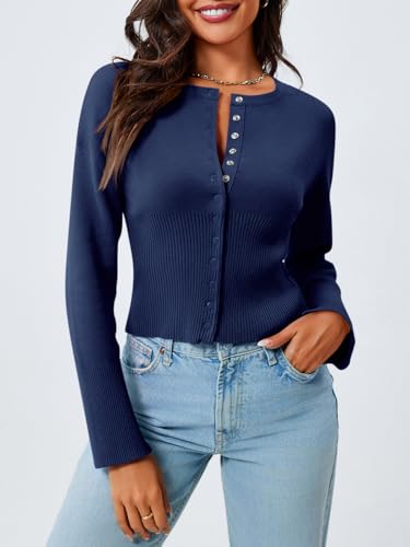 Image of Saodimallsu Womens Cropped Sweaters Cardigan | Button Down,Long Sleeve,V Neck,Ribbed Knit,Slim Fit ,Pullover Crop Tops