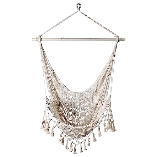 Handwoven Cotton Rope Hammock Chair With Metal Spreader Bar, Indoor Outdoor Swing Hanging Chair With Tassle Garden Yard Room Patio, Sandybeach White #TOP13