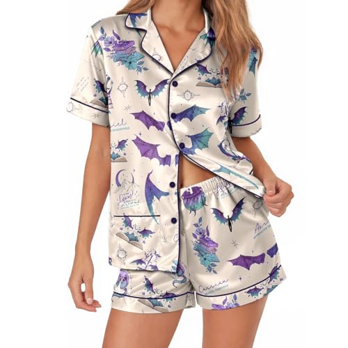 Image of Women's satin pajamas set, Short-sleeve button down Loungewear