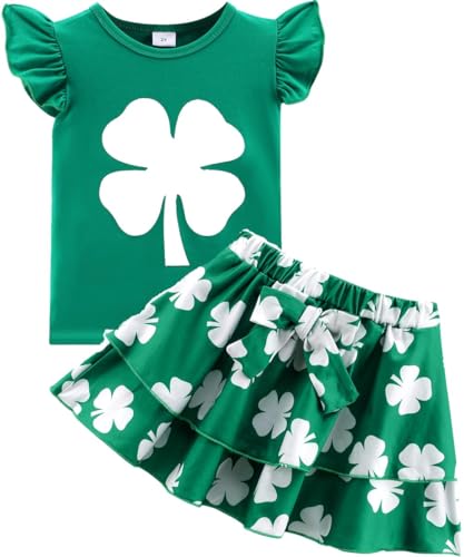 Image of Girls Skirt Set 2 Piece Outfit Toddler Summer Clothes Ruffle Sleeve T-Shirt Bow Knot Tutu Skirt Outfit Set
