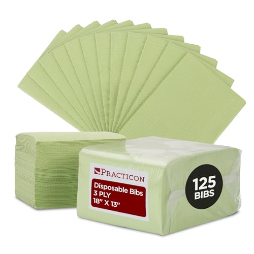 Practicon 125 Pack Green Disposable Patient Bibs, 18" x 13", 3 Ply Waterproof Paper Bib Sheet with Poly Back, Dental, Medical, Tattoo, Nail Tray or Table Cover, 125 Pack