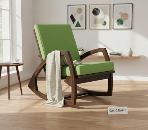 Image of Solid Sheesham Wood Rocking Chair for Living Room - Upholstered Relaxing Chair - Wooden Rocking Chair for Adults for Home Outdoor Indoor (Walnut, Crew)
