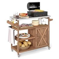 FANTASK Grillwagen Outdoor, Servierwagen mit Edelstahlplatte, Ablagen, Schrank & Gewürzregal auf Rollen für BBQ, 130 x 47 x 92 cm (2 Türen-130 x 47 x 92 cm), Braun