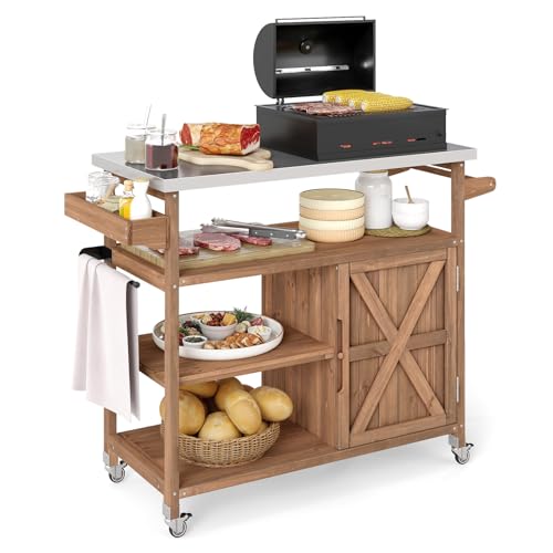COSTWAY Carrito de Barbacoa de Madera, Isla de Cocina Exterior con Tapa de Acero Inoxidable, 3 Estantes Abiertos, Toallero, 4 Ruedas, Mueble para BBQ para Picnic, Fiesta, 118 x 47 x 92 cm