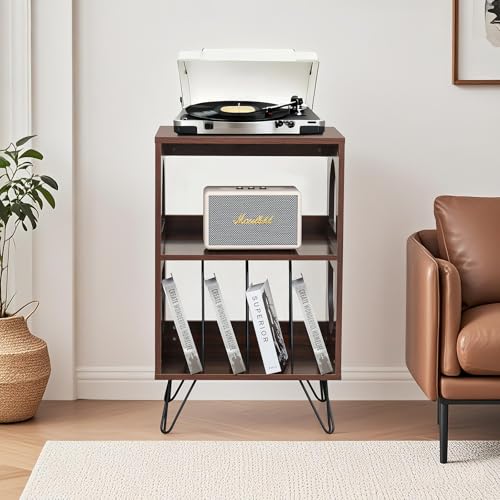 Awhtixbo Plattenspieler-Ständer, Vintage Beistelltisch Plattenspieler Regal mit Aufbewahrung, für 7' & 10' Platten