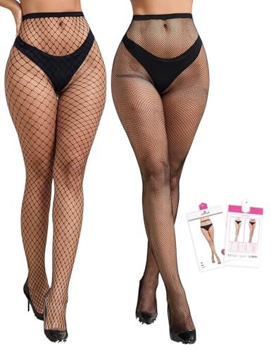 ohyeahlady 2 Pairs Womens High Waist Fishnet Stockings Sexy Mesh Tights High Pantyhose Plus Size Hollow Out Fish Nets