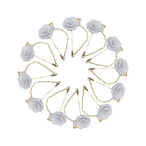 Sanrich Men's Lapel Pins Brooch Satin Rose Flower Boutonniere with Gold Leaf 12 Pack Groom Wedding Funeral Church Suit Brooch Outfit Accessories (Off-white) Cover