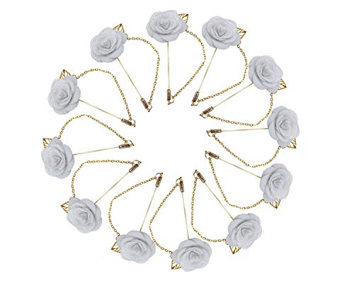 Sanrich Men\'s Lapel Pins Brooch Satin Rose Flower Boutonniere with Gold Leaf 12 Pack Groom Wedding Funeral Church Suit Brooch Outfit Accessories (Off-white)