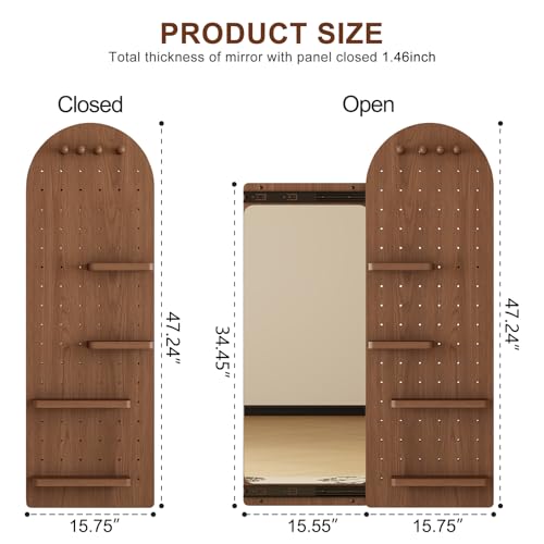 Image of KungFuWood Full Length Mirror with Shelf and Hooks,Entry Way Mirrors for Wall,Wall Mirror with Shelf,Wall Mirror with Storage Multifunctional Design Panel,Living Room (Deep Walnut, 52.4 inch L x 19 inch W)