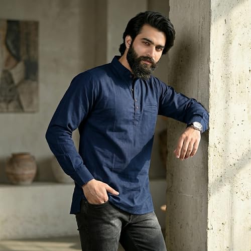 Image of Men's Cotton Regular Short Kurta | Casual & Ethnic Wear with Long Sleeve