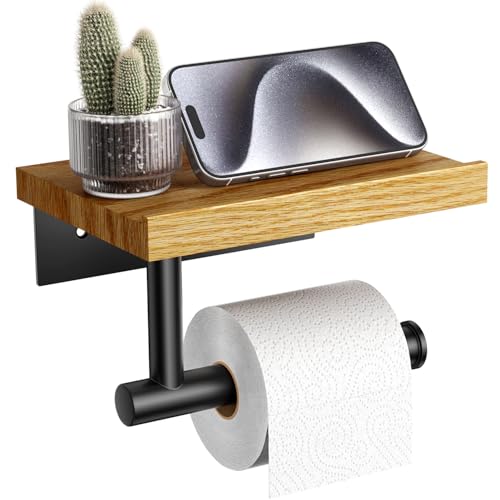 Image of Tindbea Toilet Paper Holder with Wood Shelf, Wooden Wall Mount Tissue Roll Holder, Matte Black Stainless Steel Bathroom Accessories Decor for Household Home Apartment Restroom Essential (Red Oak)