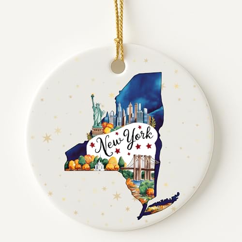 USA State Landmark Ceramic Ornament – Round Glossy Christmas Decoration Featuring U.S. State Art, Landmarks & Holiday Scenery – Collectible Travel Souvenir Ornament Series (New York)
