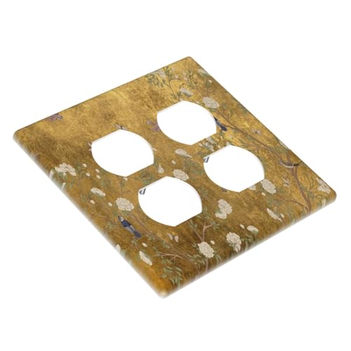 Decorative Outlet Covers Vintage White Flowers Birds on Golden Background 2 Gang Outlet Cover Wall Plate Double Duplex Light Switch Cover Plate Switch Plate Covers for Home Decor