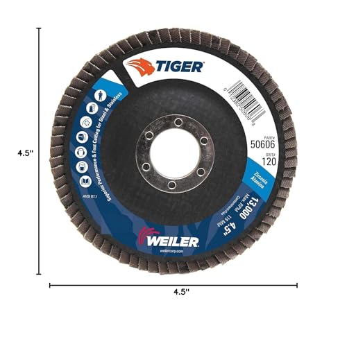 Image of Weiler 50606 Tiger 7 /8 inch Arbor, 4-1 /2 inch Diameter, 120 Grit, Zirconium, Phenolic Backing, Angled Abrasive Flap Disc (Pack of 10)