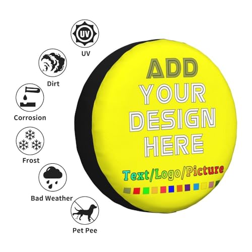 Image of Custom Spare Tire Cover, Personalized Text Image Waterproof Dust-Proof Universal Wheel Covers Protectors Fits Tire for Trailer RV SUV Truck Camper, Yellow